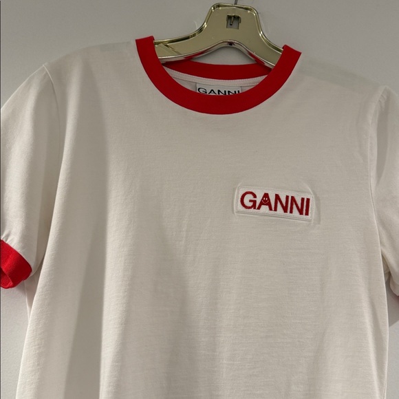 Ganni White Tee with Red Ringer Trim and Logo Ganni Patch, Sz Xsm - Picture 3 of 10
